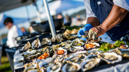 A seafood festival showcasing a wide array of oyster dishes, from raw bar selections to grilled specialties and gourmet creations.の素材