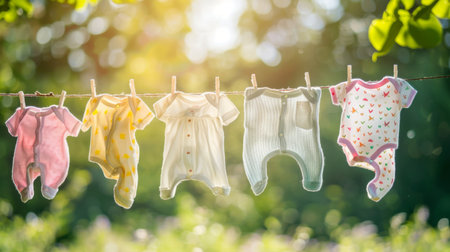 A row of baby clothes hanging on a clothesline, with cute onesies and tiny socks swaying in the gentle breezeの素材
