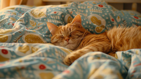 A rotund cat sleeping soundly on a bed with patterned sheets, looking completely at ease in a bright and cheerful bedroomの素材