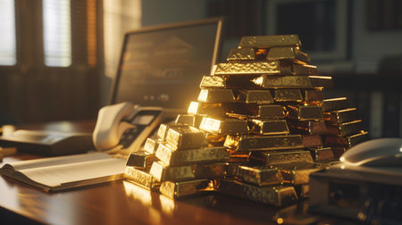 A pile of gold bars on a banker's desk, symbolizing financial reserves, stability, and the strength of the economy.の素材