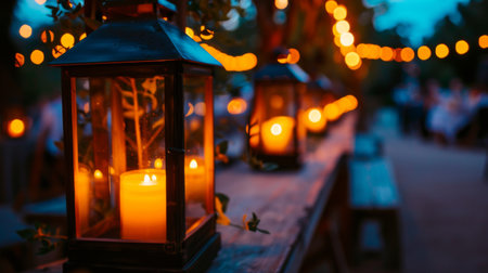 A row of decorative lanterns glowing with warm light, creating a cozy and inviting ambiance at an outdoor eventの素材