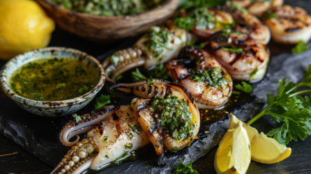 A plate of grilled squid tentacles served with tangy salsa verde and grilled lemon wedges, on a slate platter with a garnish of fresh herbs.の素材