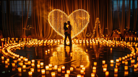 A romantic proposal scene with candles arranged in a heart shape, creating a dreamy and unforgettable momentの素材