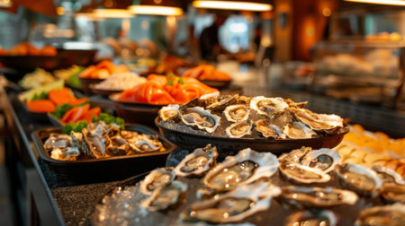 A seafood buffet featuring a selection of oysters from different regions, allowing diners to sample a variety of flavors and textures.の素材
