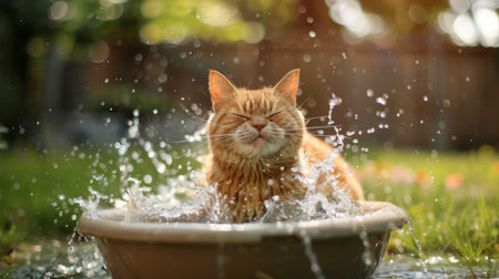 A rotund cat splashing around in a shallow basin, having fun with water and looking excited in a spacious backyardの素材