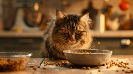 A rotund cat munching on kibble from a bowl, with food crumbs scattered around, in a well-lit, contemporary kitchenの素材
