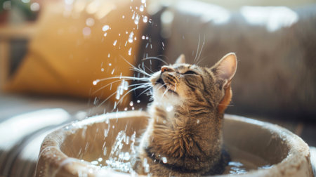 A plump cat playing in a pet water fountain, batting at the streams of water with excitement in a cozy living roomの素材