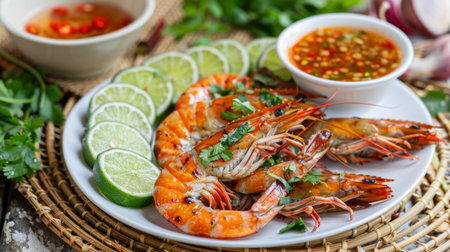 A plate of Thai-style grilled shrimp served with spicy seafood dipping sauce, sliced cucumbers, and aromatic herbs, on a bamboo placemat.の素材