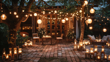 A rustic outdoor patio adorned with hanging lanterns and candles, creating a magical atmosphere for an evening gatheringの素材