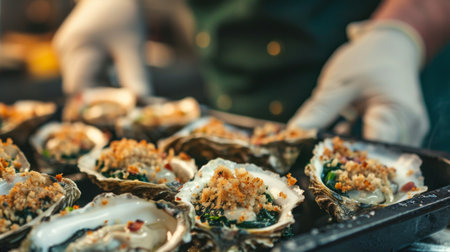 A seafood chef preparing oysters Rockefeller, topping each shell with a rich mixture of spinach, bacon, and breadcrumbs before baking.aの素材