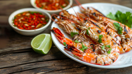 A plate of grilled shrimp served with lime wedges and chili dipping sauce, garnished with fresh herbs, on a rustic wooden table at a seafood restaurant.の素材