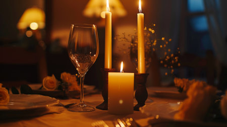 A romantic candlelit dinner for two, with elegant taper candles casting a warm and intimate glowの素材