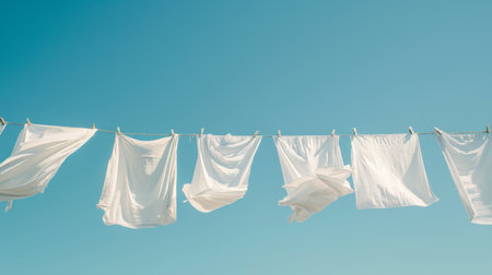 A neatly arranged clothesline with white sheets billowing in the wind, set against a clear blue skyの素材