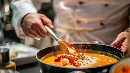 A seafood chef preparing classic lobster bisque soup, blending creamy broth with chunks of tender lobster meat and aromatic herbs.の素材