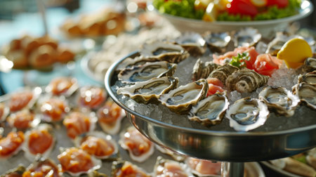 A seafood buffet featuring a selection of oysters from different regions, allowing diners to sample a variety of flavors and textures.の素材
