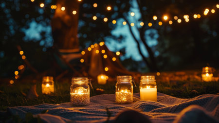 A romantic evening picnic with candles placed in glass jars, creating a warm and intimate setting under the starsの素材