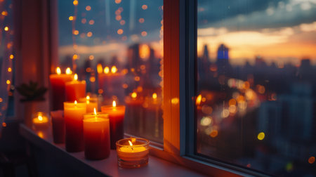 A row of candles burning brightly on a windowsill, with city lights twinkling in the background at twilightの素材