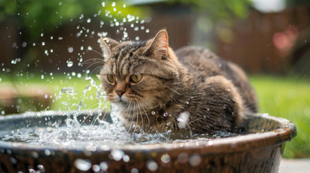 A rotund cat splashing around in a shallow basin, having fun with water and looking excited in a spacious backyardの素材