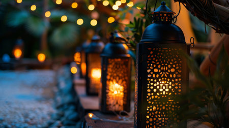 A row of decorative lanterns glowing with warm light, creating a cozy and inviting ambiance at an outdoor eventの素材