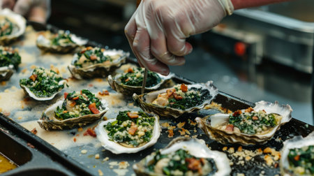 A seafood chef preparing oysters Rockefeller, topping each shell with a rich mixture of spinach, bacon, and breadcrumbs before baking.aの素材