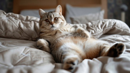 A plump cat sprawled out on a luxurious bed, looking completely relaxed with its paws stretched out and a peaceful expressionの素材