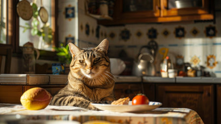 A rotund cat munching away happily on its meal, sitting comfortably in a well-decorated kitchen with wooden cabinetryの素材