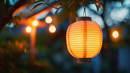 A traditional paper lantern glowing softly in the evening, creating a serene and peaceful ambianceの素材