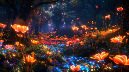 A surreal garden filled with glowing fire flowers, their vibrant colors creating a magical and enchanting landscapeの素材