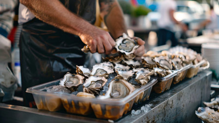A seafood market vendor offering freshly shucked oysters to customers, with shells discarded in a bin beside the display.の素材
