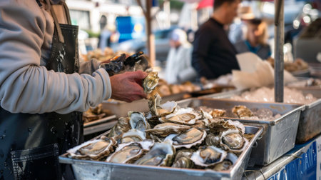 A seafood market vendor offering freshly shucked oysters to customers, with shells discarded in a bin beside the display.の素材