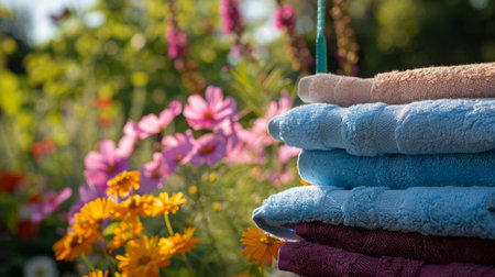 A stack of freshly laundered towels hanging on a clothesline in a garden, with vibrant flowers in the backgroundの素材