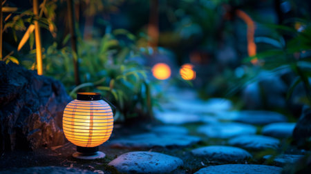 A traditional paper lantern glowing softly in the evening, creating a serene and peaceful ambianceの素材