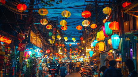 A vibrant night market illuminated by colorful lanterns and neon signs, creating a bustling and lively environmentの素材
