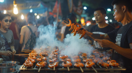 A street food vendor grilling shrimp on skewers at a bustling night market, with smoke billowing and hungry customers lining up for a taste.の素材