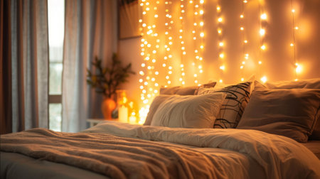 A serene bedroom with gentle fairy lights draped along the headboard, creating a peaceful and dreamy ambianceの素材