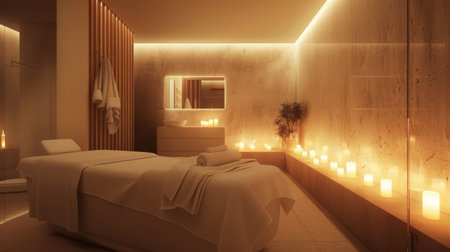 A serene spa treatment room with candles casting a soft glow, enhancing the tranquil ambiance for relaxationの素材