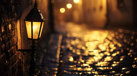 A vintage street lamp casting a warm glow on a cobblestone alley, evoking a sense of nostalgia and romanceの素材
