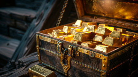 A treasure chest filled with gold bars, representing the timeless allure and enduring value of precious metals throughout history.の素材