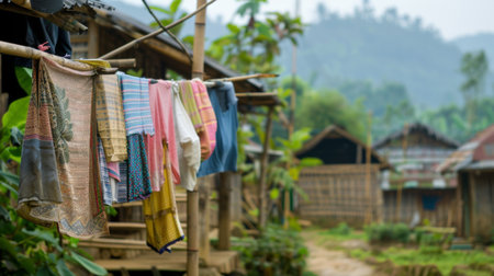 A traditional bamboo clothesline with hand-washed garments hanging to dry in a rural village settingの素材