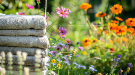 A stack of freshly laundered towels hanging on a clothesline in a garden, with vibrant flowers in the backgroundの素材