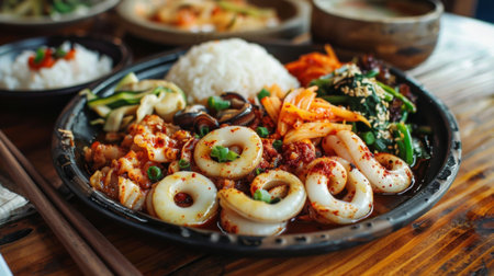 A plate of Korean-style grilled squid served with spicy gochujang sauce, pickled vegetables, and steamed rice, on a traditional dining table.の素材