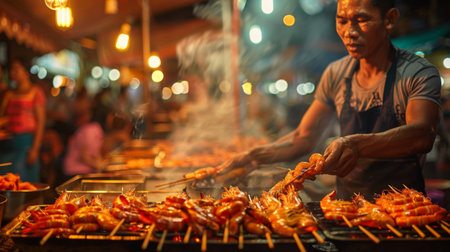 A street food vendor grilling shrimp on skewers at a bustling night market, with smoke billowing and hungry customers lining up for a taste.の素材
