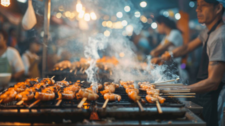 A street food vendor grilling shrimp on skewers at a bustling night market, with smoke billowing and hungry customers lining up for a taste.の素材
