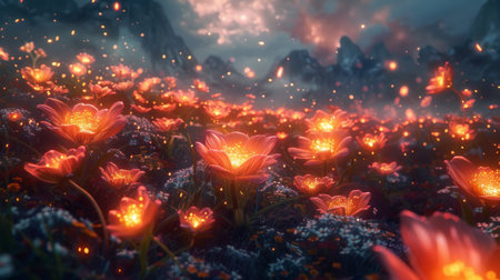 A surreal garden filled with luminous fire flowers, creating a fantastical and otherworldly landscapeの素材