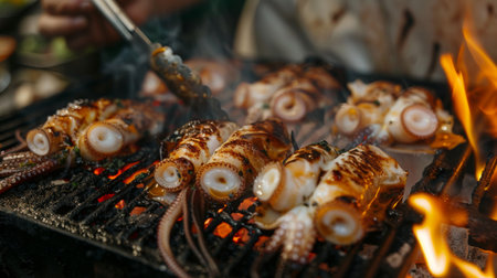A chef grilling whole squid over an open flame, brushing them with marinade and turning them with tongs for even cooking and char marks.の素材