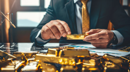 A businessman counting gold bars on a table, calculating wealth and assessing investment portfolios.の素材