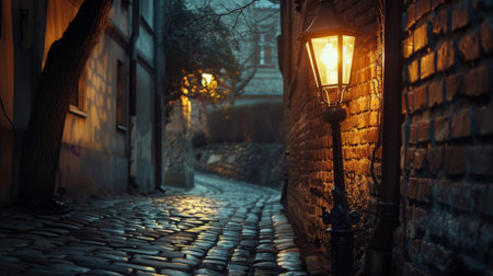 A vintage street lamp casting a warm glow on a cobblestone alley, evoking a sense of nostalgia and romanceの素材