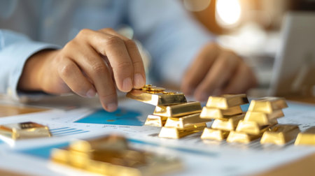 A businessman counting gold bars on a table, calculating wealth and assessing investment portfolios.の素材