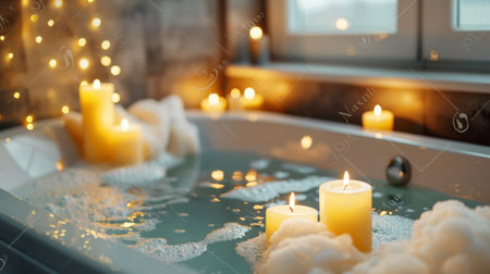 A candlelit bubble bath with flickering candles placed around the tub, creating a relaxing and indulgent spa experienceの素材