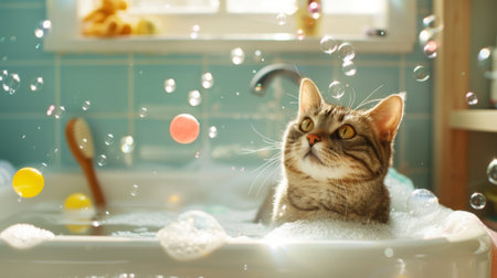 A heavyset cat playing with floating toys in a bathtub, surrounded by bubbles and a cheerful atmosphere in a bright bathroomの素材